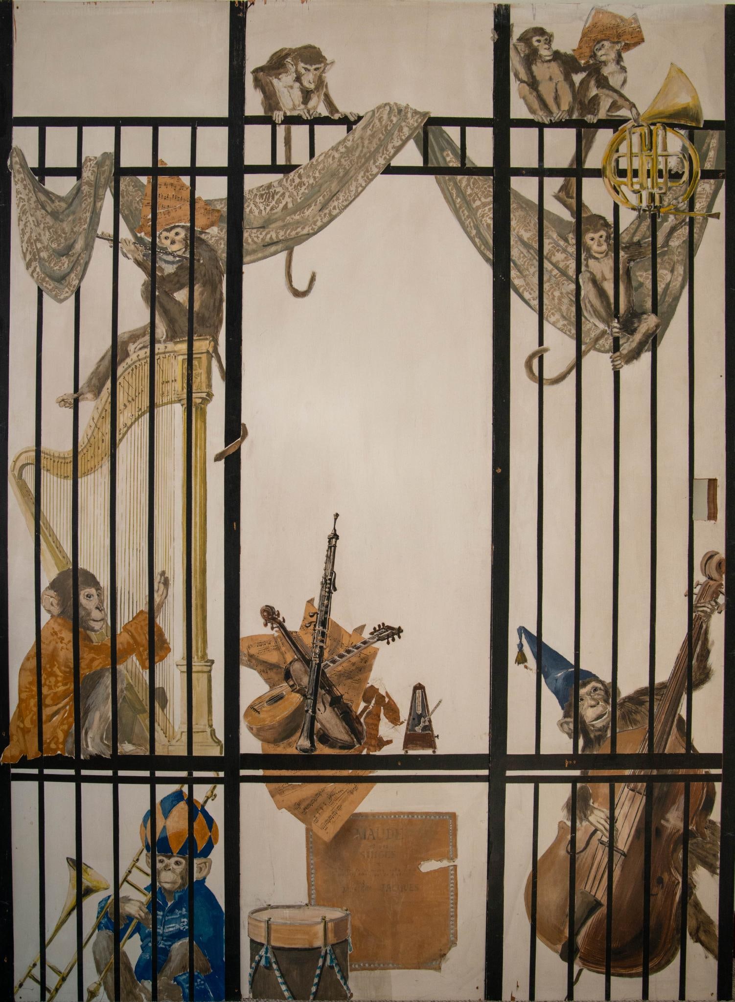 Large Three Panel Screen Painting With Monkeys. (1 of 4)