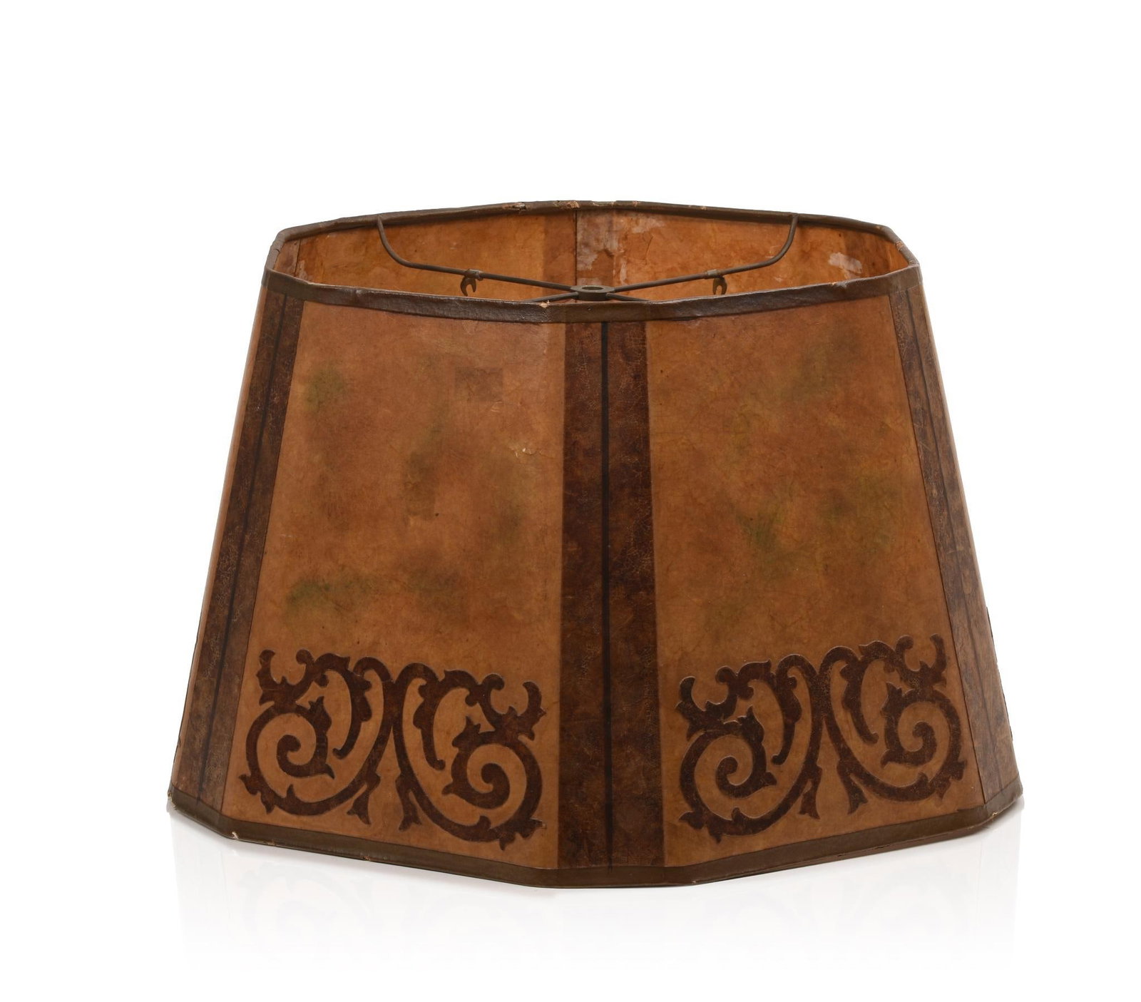 Two Color Arts & Crafts Mica Shade.: Hexagonal shade with applied scrolling decoration, signed "Mario NY" c. 1920. Top diameter 12.5 inches, bottom 17 inches, height 10.5 inches.