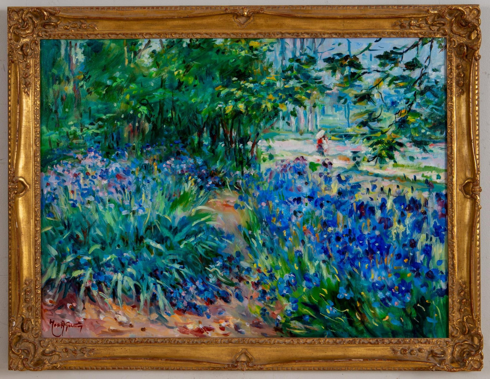 French Impressionist Oil of Irises.: 21 x 29 inches, framed, with French gallery labels.