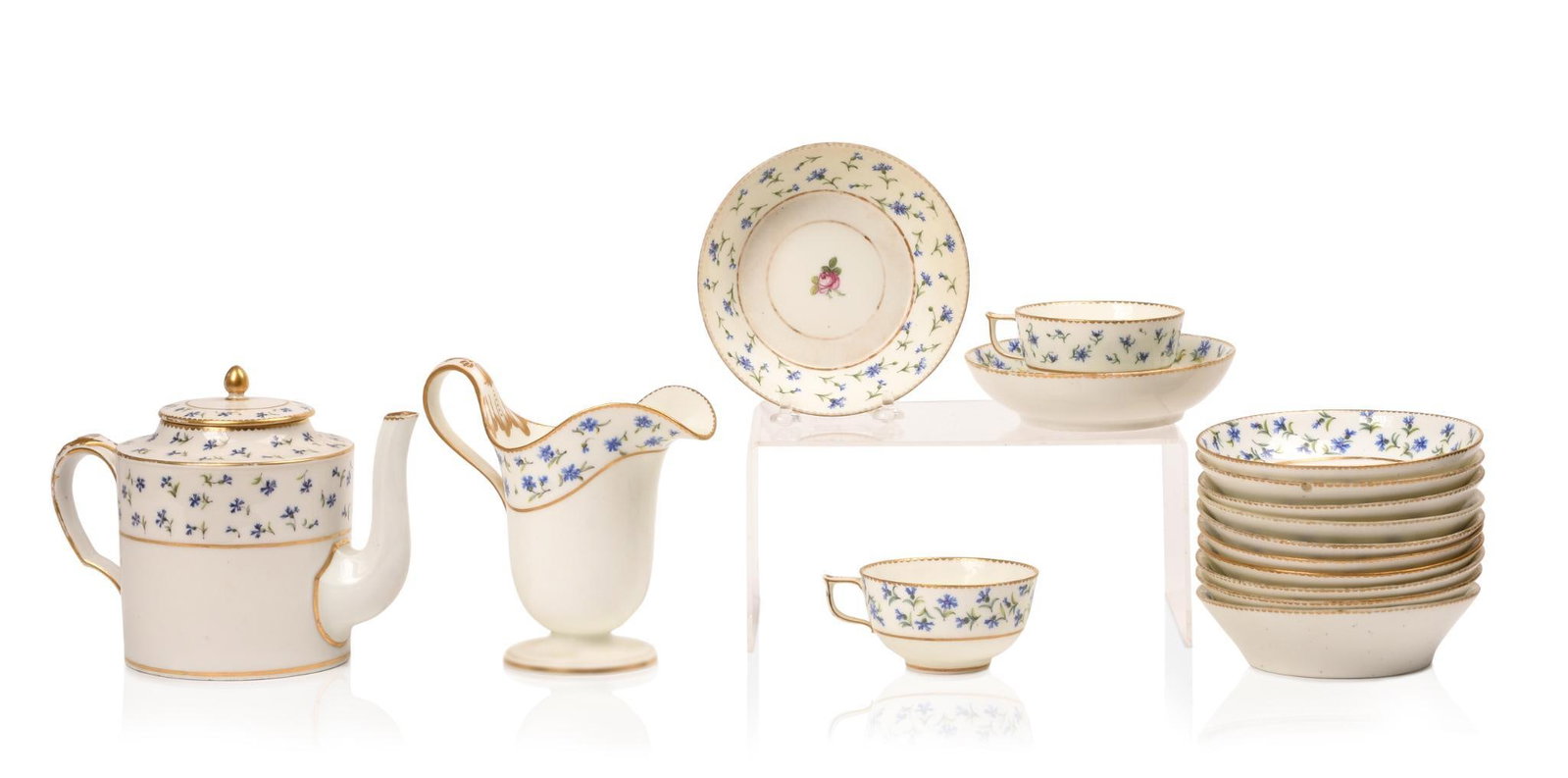 Sevres Cornflower Tea Service.: Teapot, height 5.5 inches, creamer, two teacups, and 12 tea bowls.