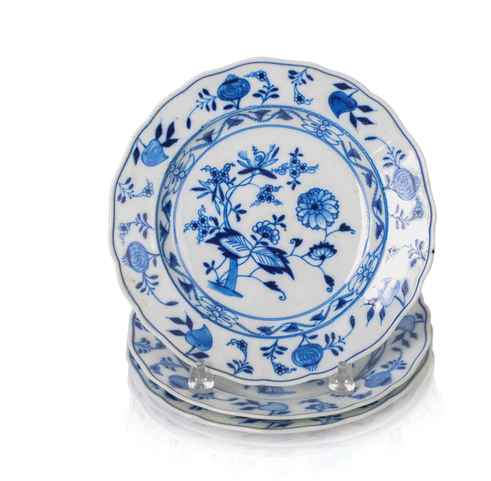 Three Meissen Blue Onion Plates.: Diameter 10 inches.