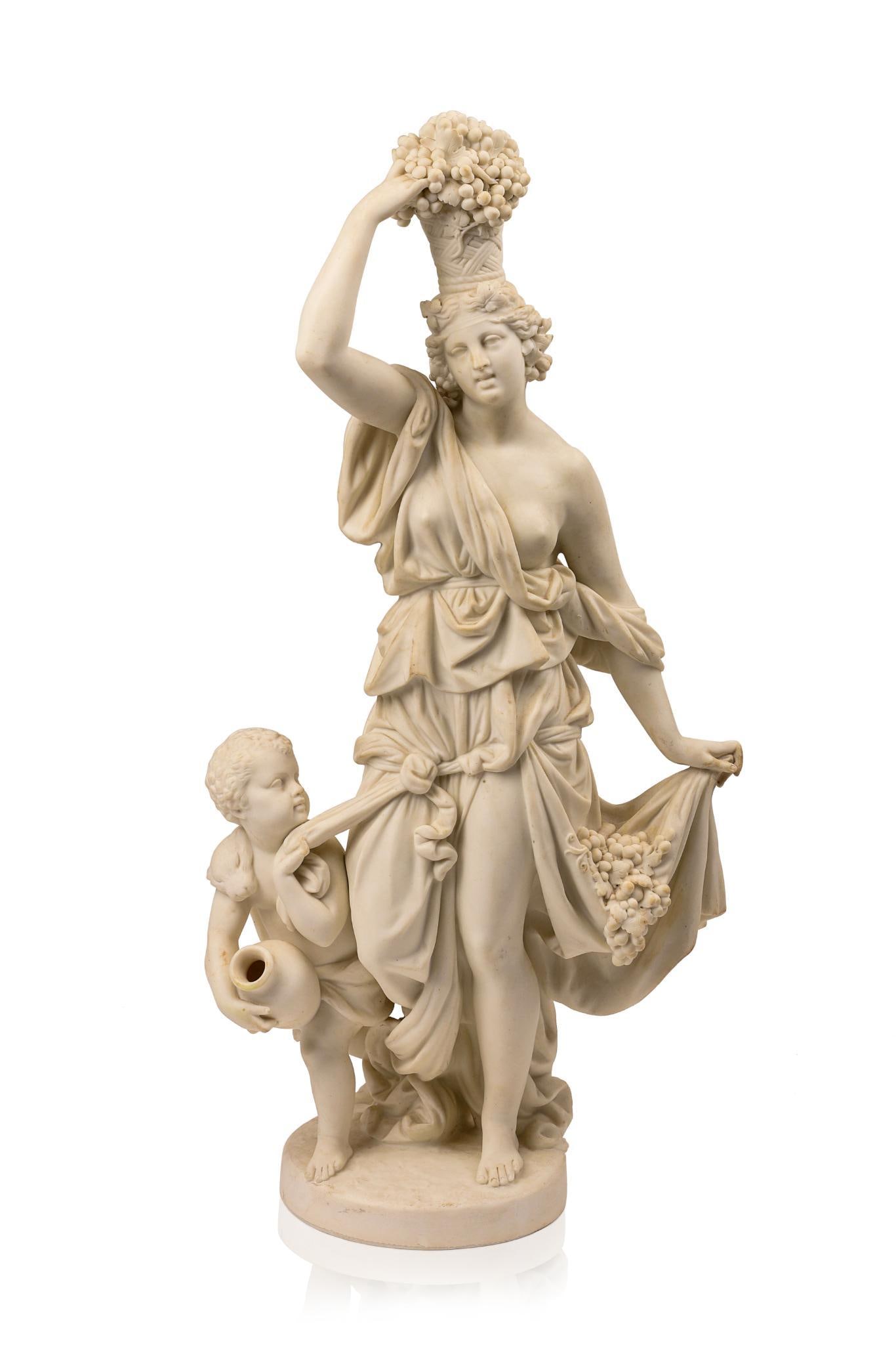 Large Minton Parian Ware Wine Harvest Sculpture.: Depicting a woman carrying a basket of grapes and a child with an urn, signed Minton and impressed with other potter's marks, England, mid 19th c., height 24 inches. Small finger broken on left ha