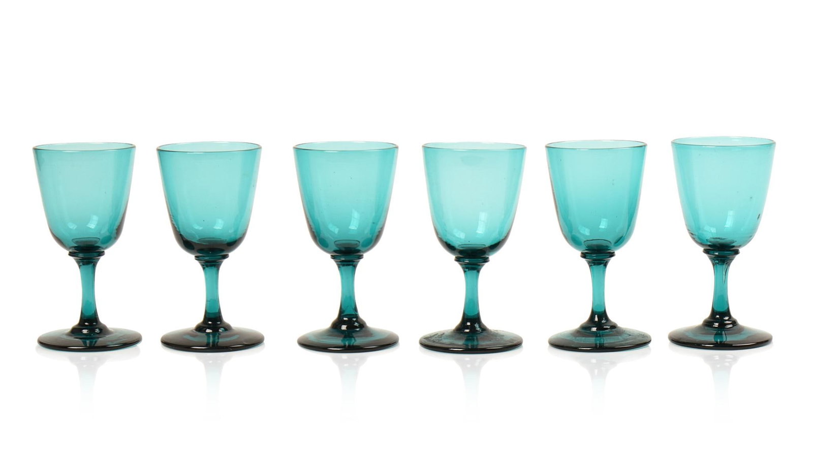 Set of Six Teal English Wine Glasses.: 19th c., height 5 inches.