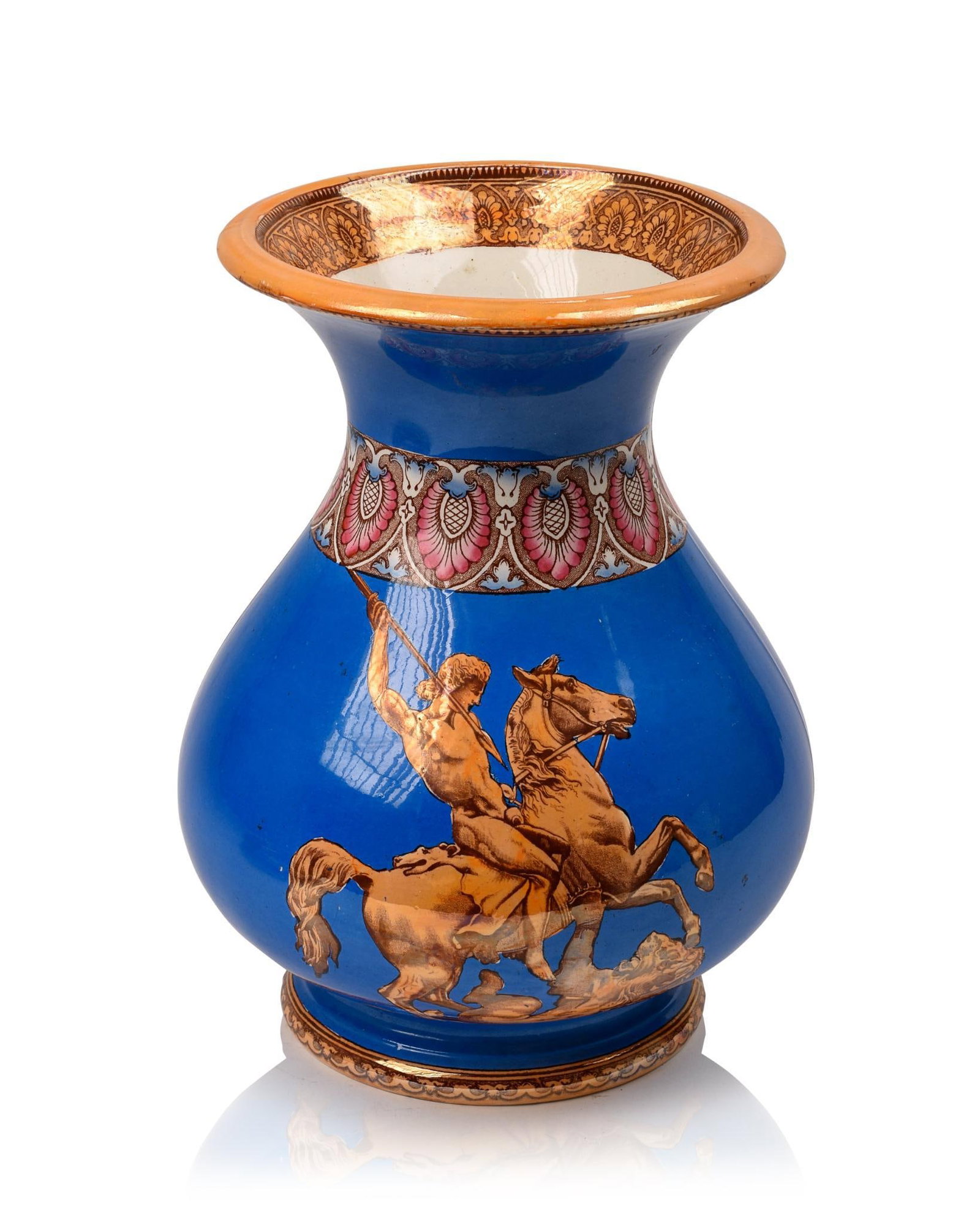 19th c. Neoclassical Lion Fighter Vase.: Decorated with depiction of a nude warrior on horseback attacking a lion, unsigned. Height 10.75 inches.