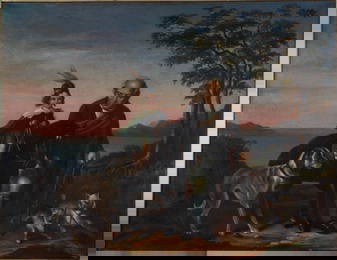 Large Scottish Painting of a Man and Child.