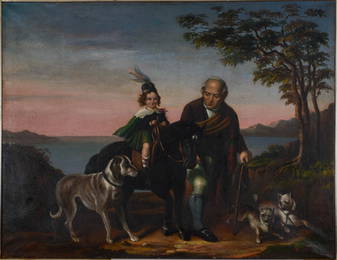 Large Scottish Painting of a Man and Child.