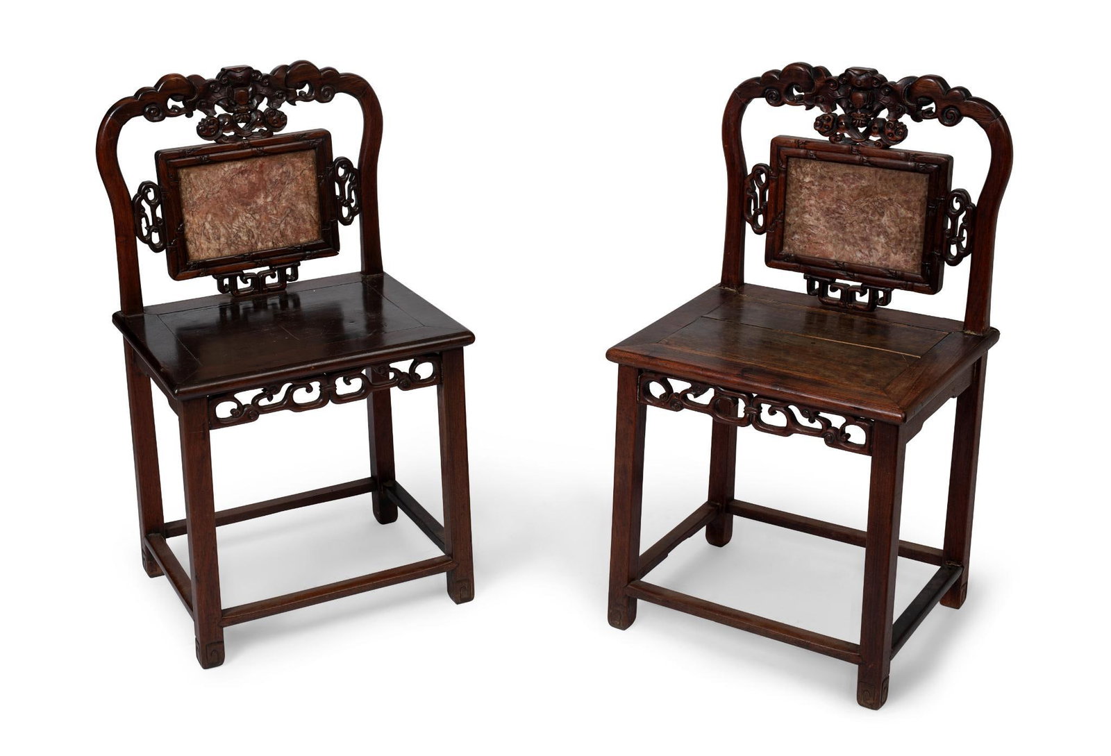Pair of Chinese Marble Back Rosewood Chairs.: Bat and cloud crest, 19th c. Loose joints. Height 35"; seat 16" width, 19.5" depth.
