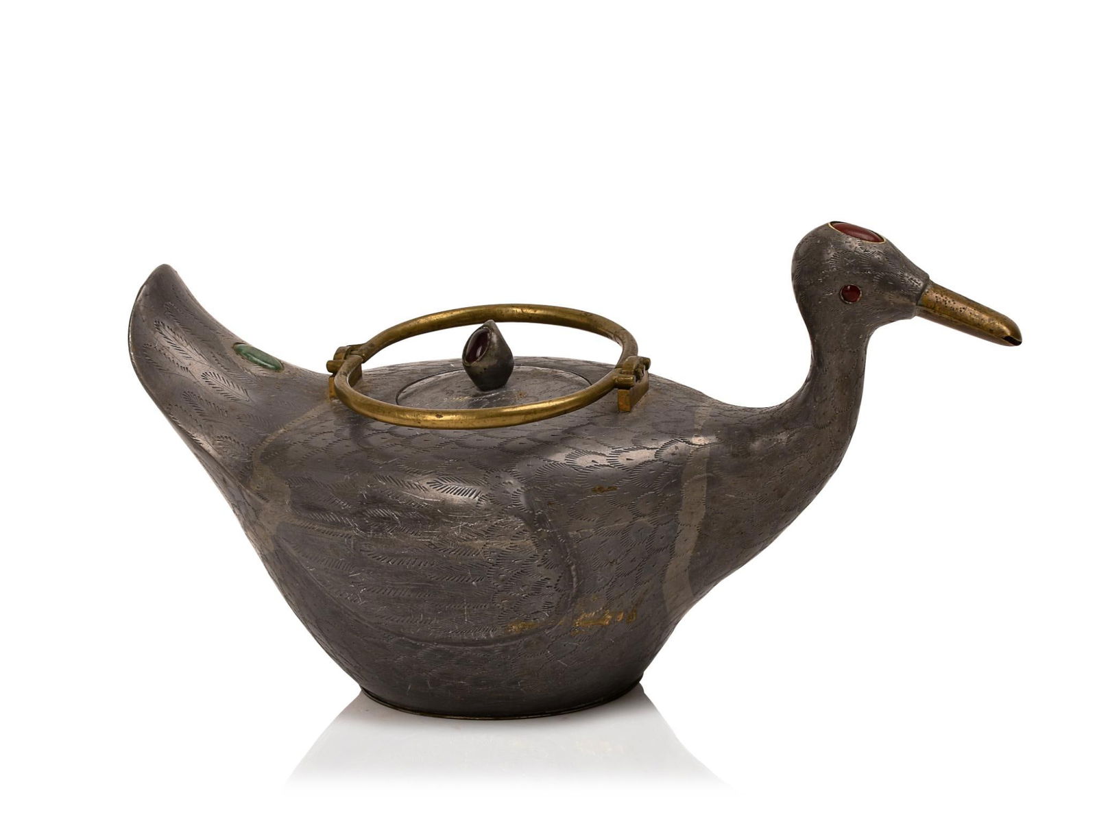 Chinese Duck Form Pewter and Hardstone Teapot. (1 of 5)