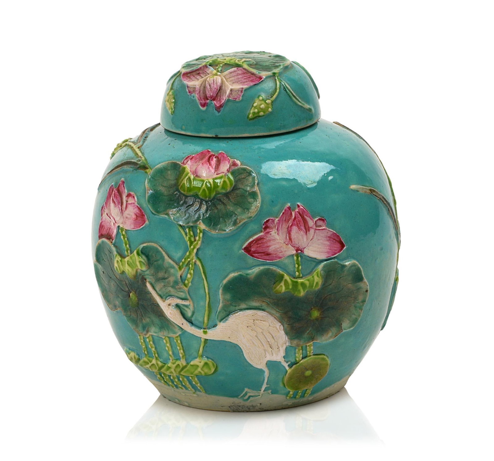 Wang Binrong Turquoise Glaze Covered Jar.: Crane and lotus decoration, Wan Binrong mark on bottom, late 19th/early 20th c. Height 5.5 inches.