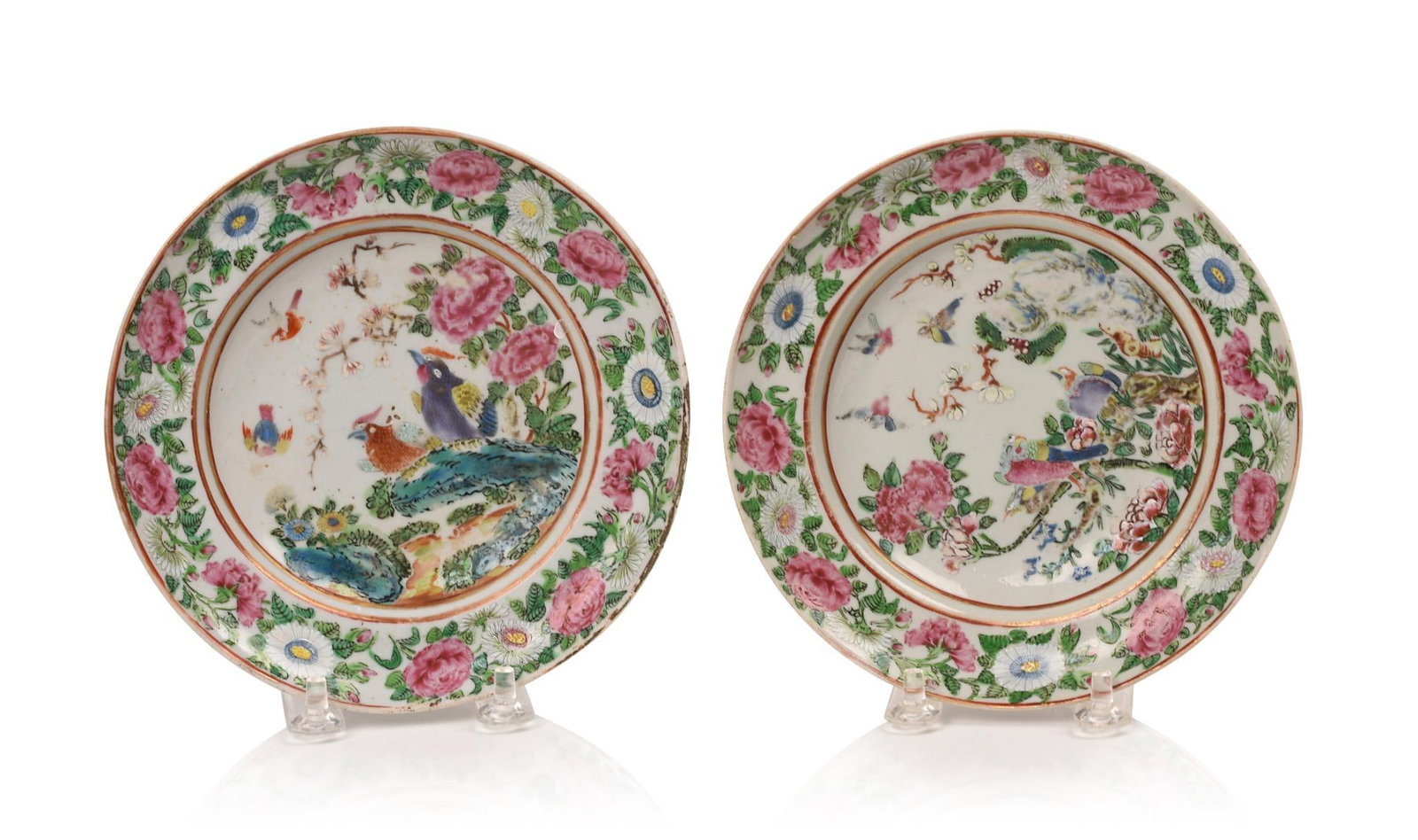 Pair of Chinese Famille Rose Ogee Birds Bowls.: Each with central panel depicting various birds, finely painted floral borders, 19th century, diameter 6.25 inches.