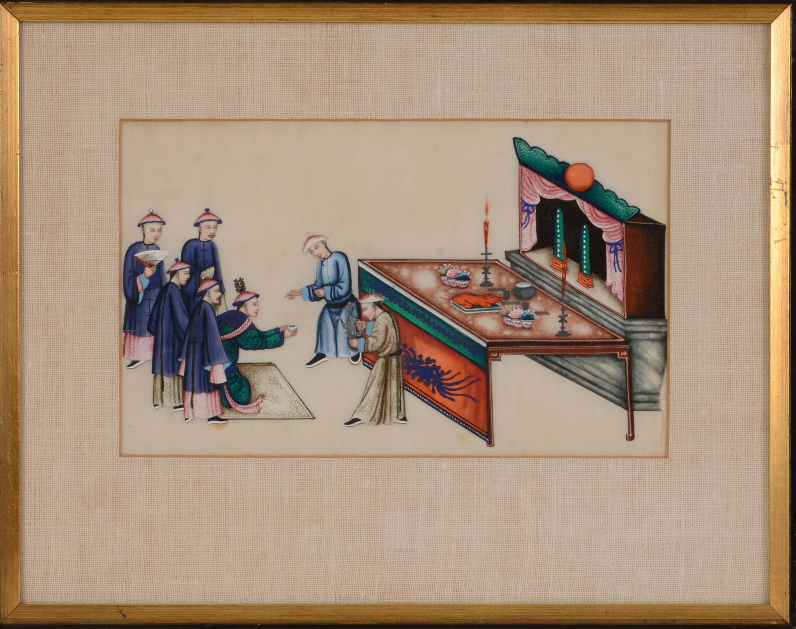 Chinese Pith Paper Painting: Depicts a scene with multiple figures in front of a traditional Chinese altar, 19th c., 7 x 11.5 inches, sight. Framed, 13.25 x 17 inches.