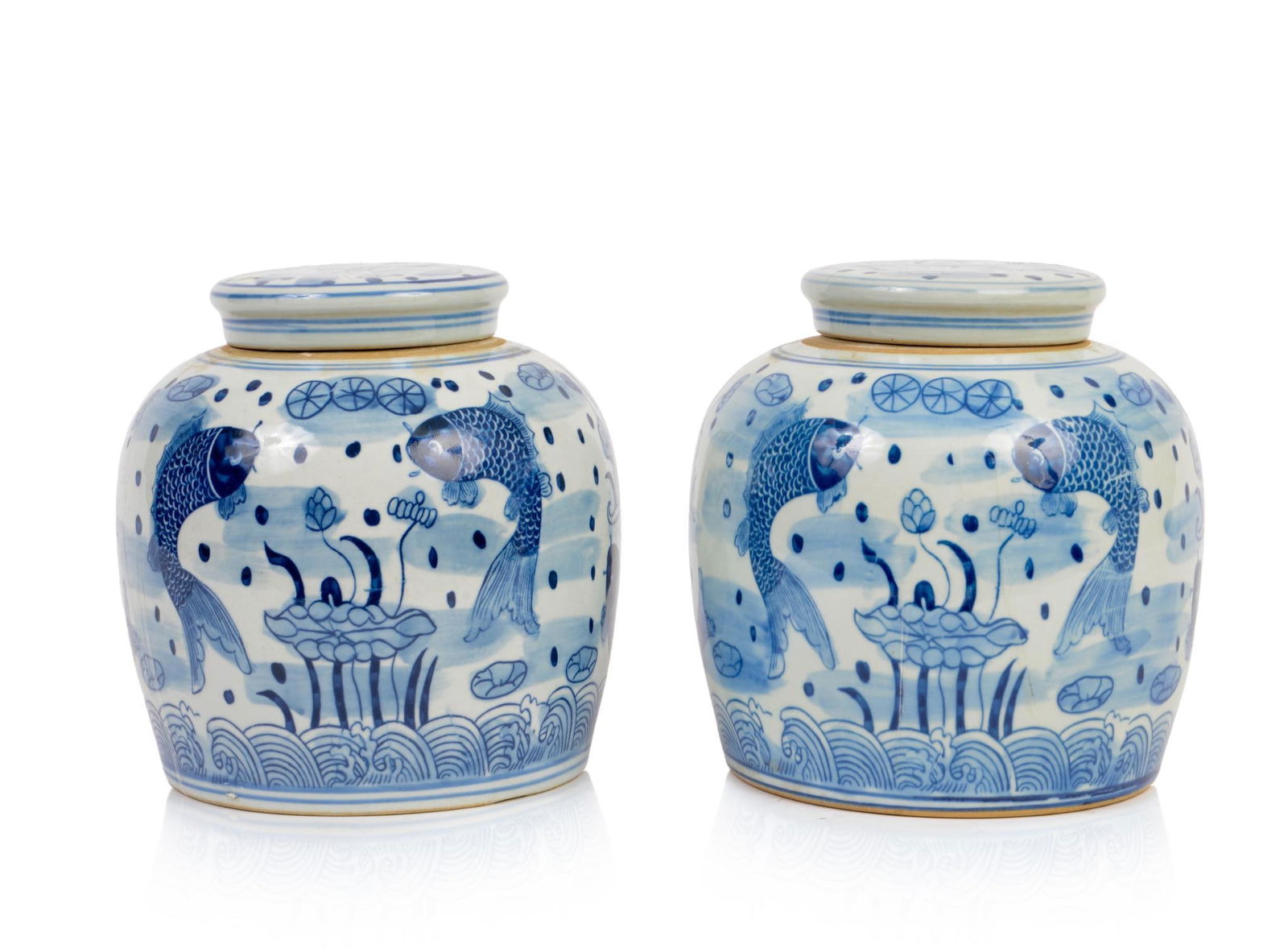 Pair of Blue & White Decorated Chinese Porcelain covered Ginger Jars: Having Koi Fish Scenes. Height 9 inches, diameter 9 1/2 inches.