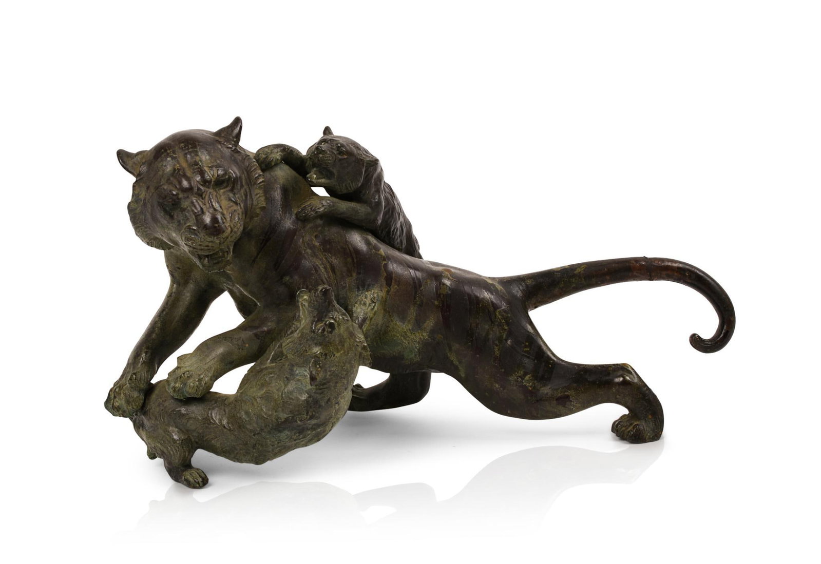 Meiji Period Bronze of Tiger Attacked by Wolves.: Length 12 inches.