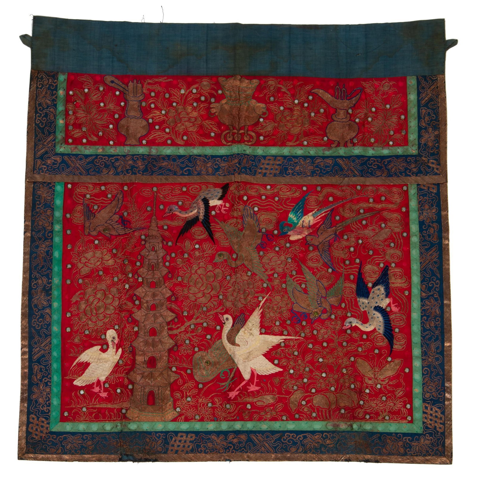 Heavily Embroidered Chinese Skirt.: Richly embroidered with multiple birds, flowers and a pagoda on a red ground, metallic thread, mirrored sequins, 19th c.