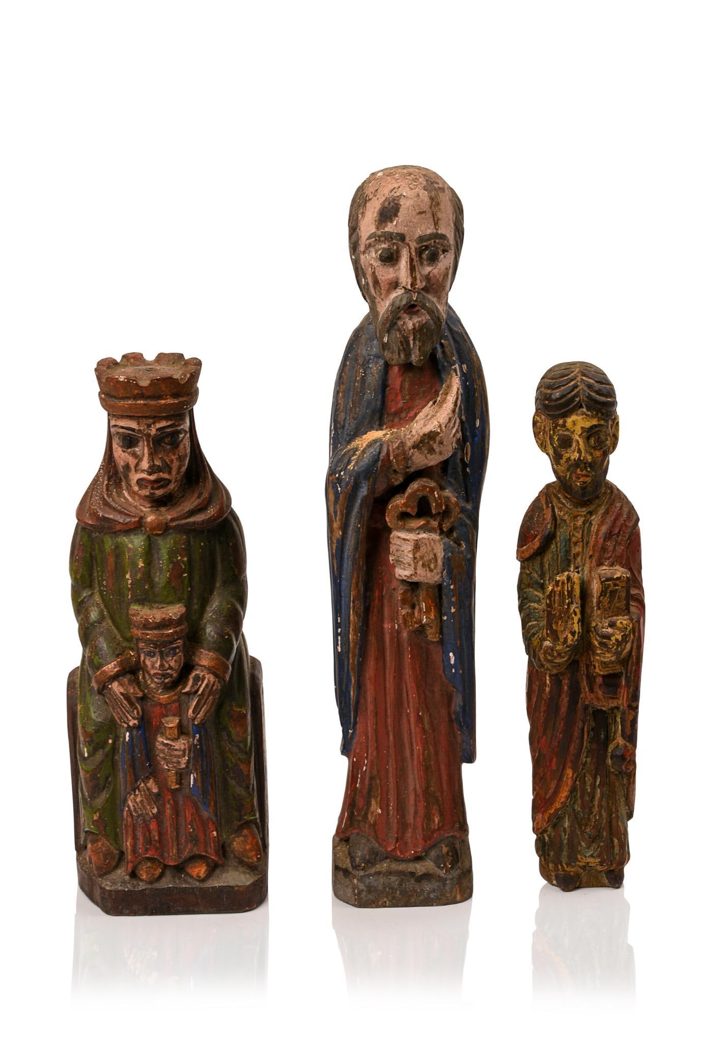Three Carved and Painted Wooden Santos Figures. (1 of 6)