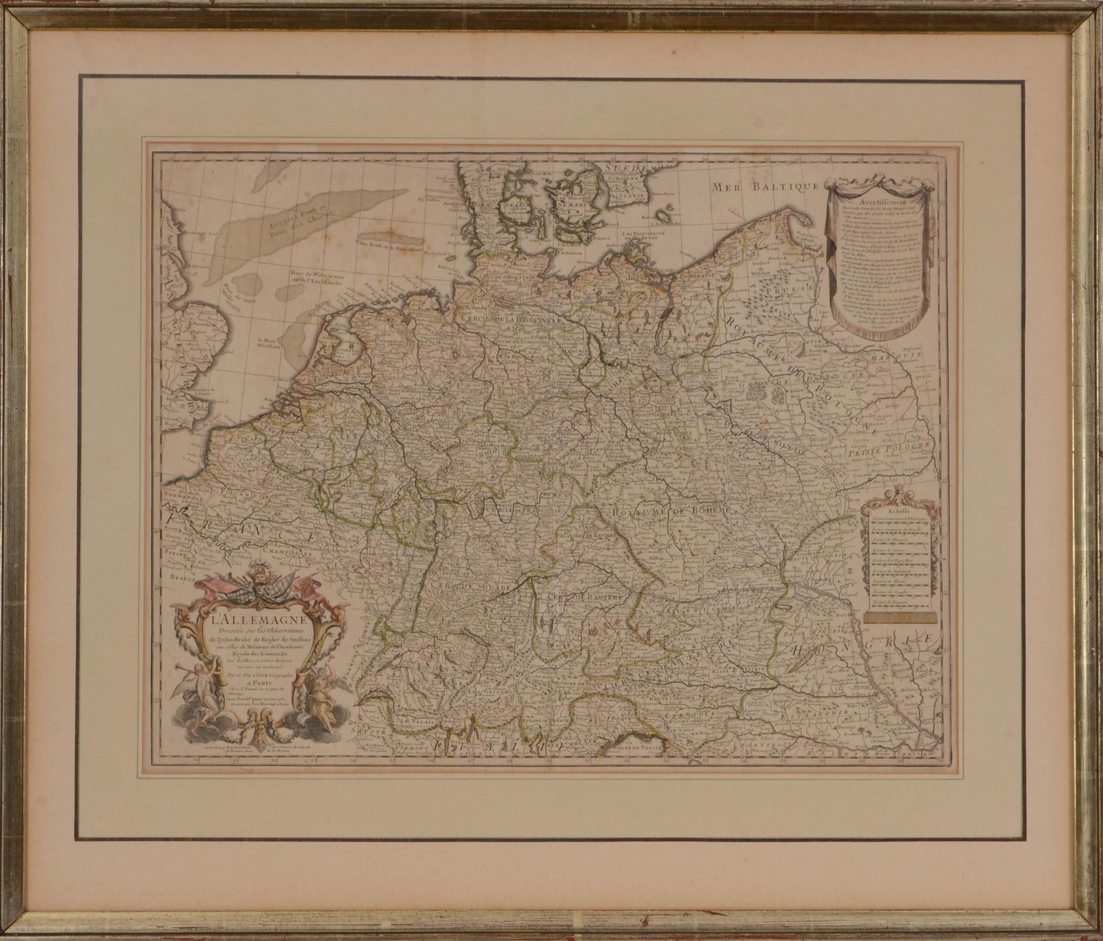 Guillaume de l'Isle Map of Germany and Western Europe.: ‘L'Allemagne, Dressee sur les Obfervations de Tycho-Brahe de Kepler de Snellius’, image 19 x 24.5 inches, engraved by Jean Baptiste Liebaux, c. 1720, hand tinted, framed, 29 x 34.5 inc