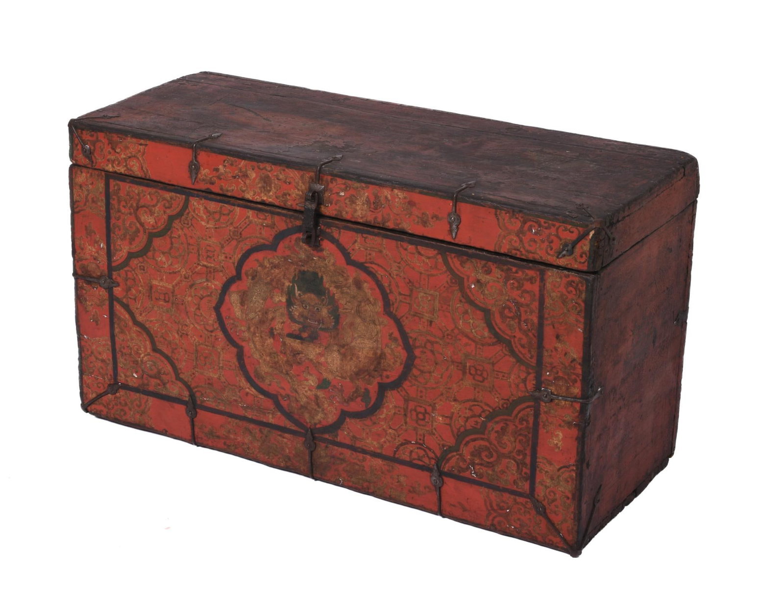 Early Tibetan Painted Scroll Box.: Height 17 inches, width 31 inches, depth 12.5 inches.