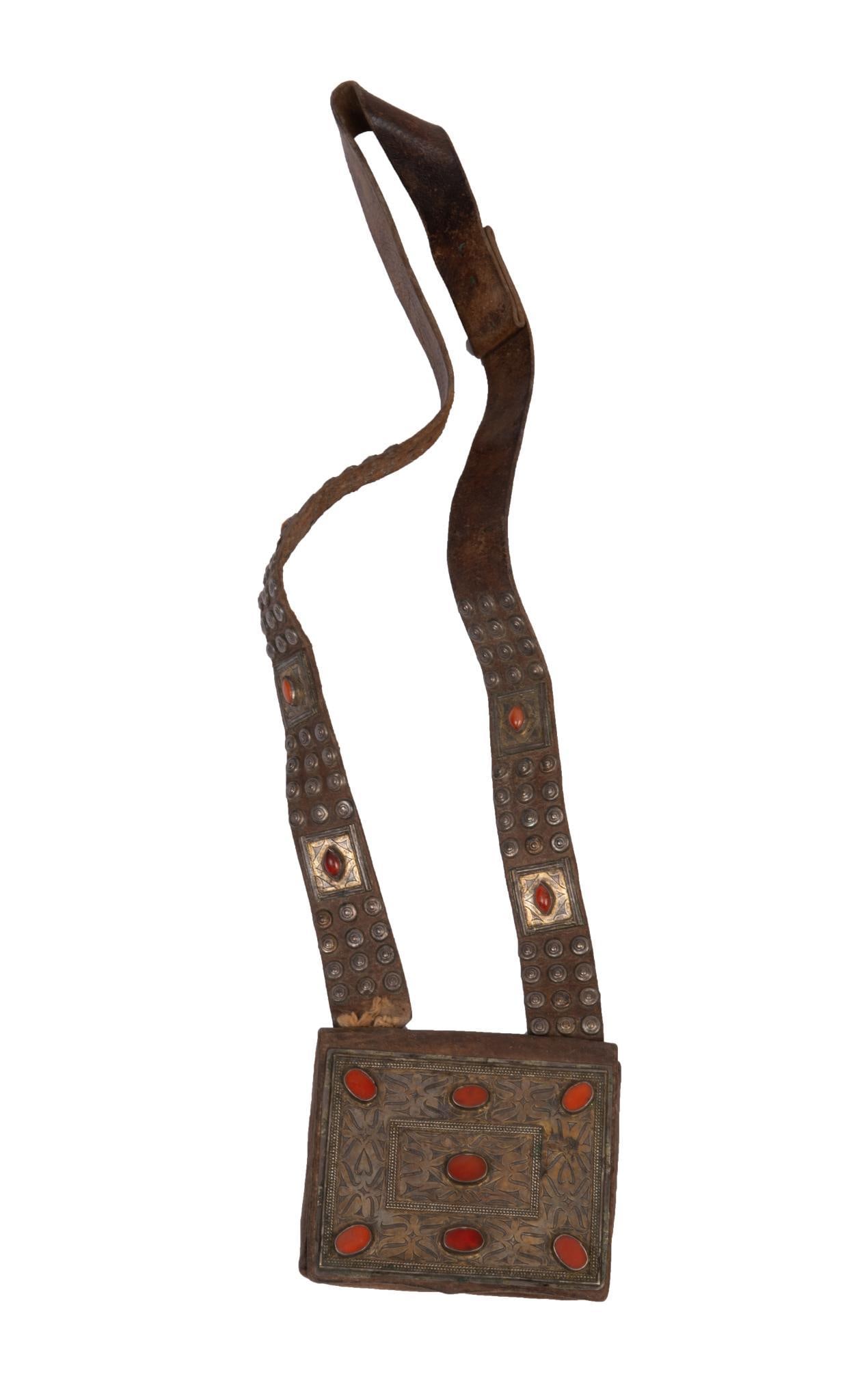 Middle Eastern Leather, Silver and Stone Pouch.: Pouch 4.5 x 5.5 inches, with a 32 inch strap.