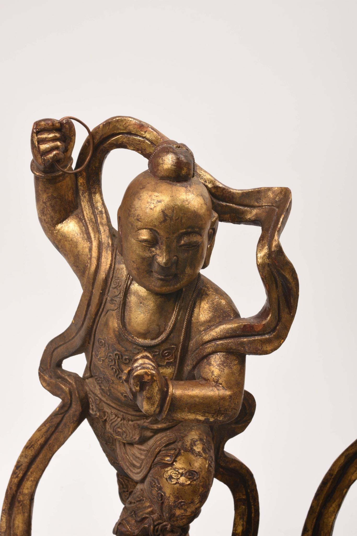 Two Antique Wood Plychrome Gilded Buddha Figures. (1 of 8)