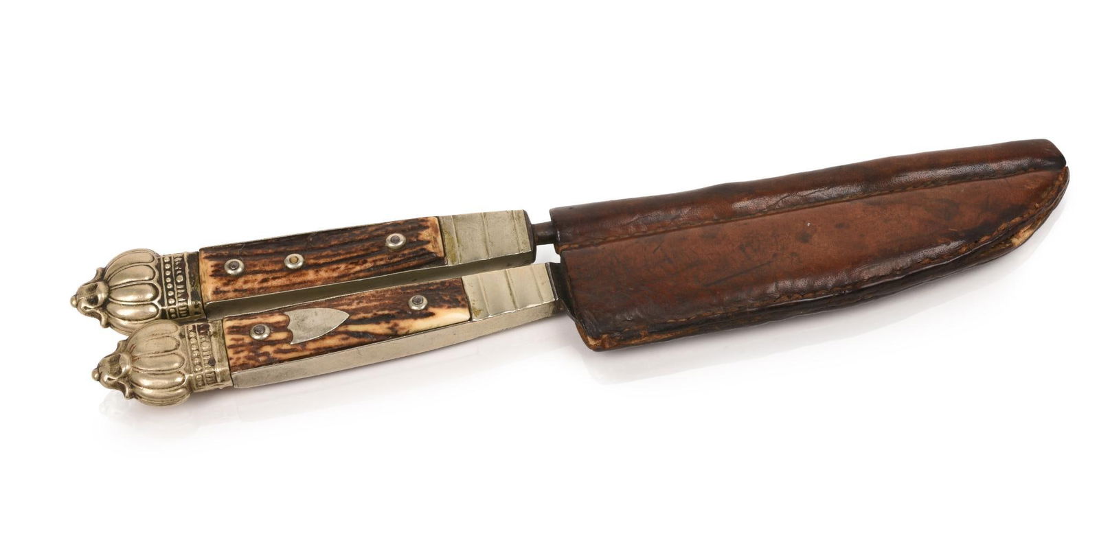 Bone Handled Carving Set in Leather Case.: Length of knife 10.5 inches.