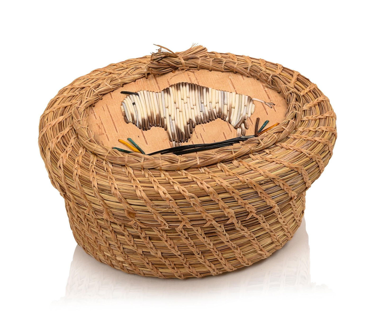 Native American Quillwork Basket With Buffalo. (1 of 4)