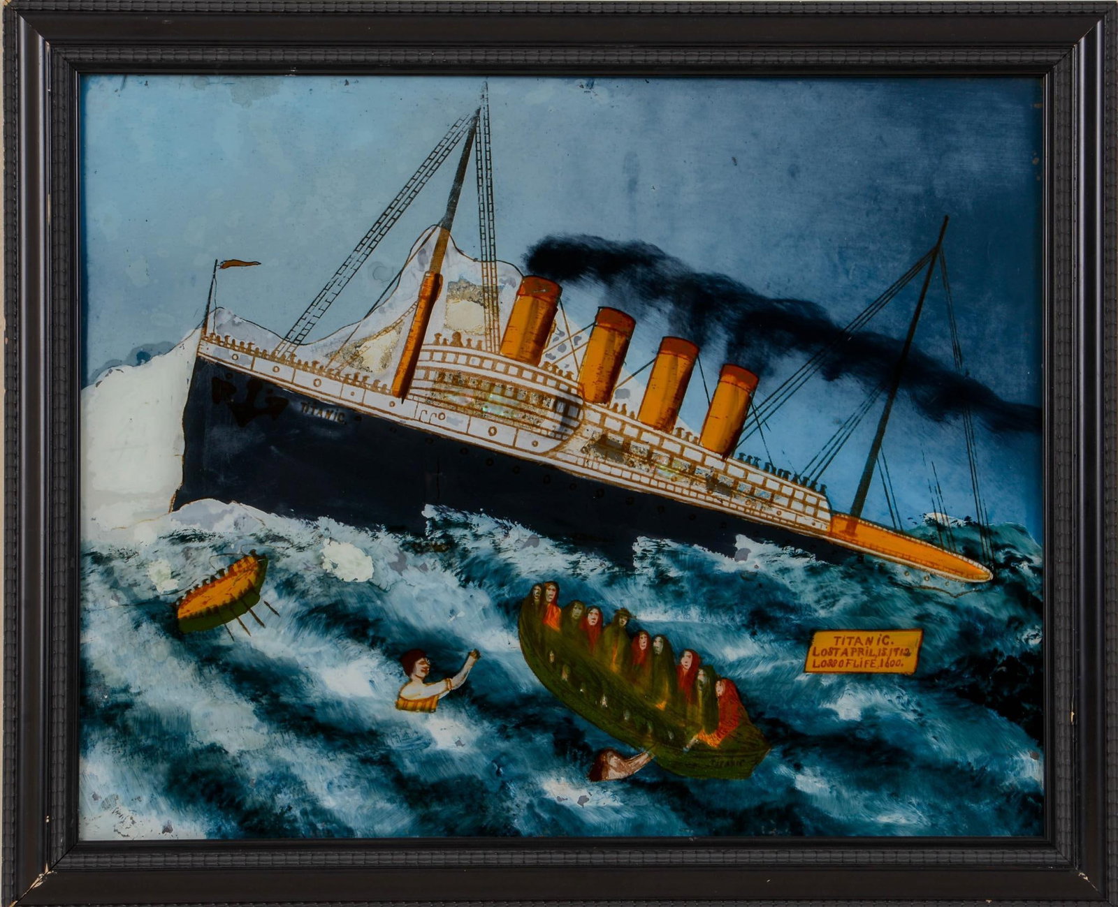 Folk Art Reverse Painting on Glass of the Titanic.: 15.5 x 19.5 inches sight. In a later frame 18.5 x 22.75 inches.