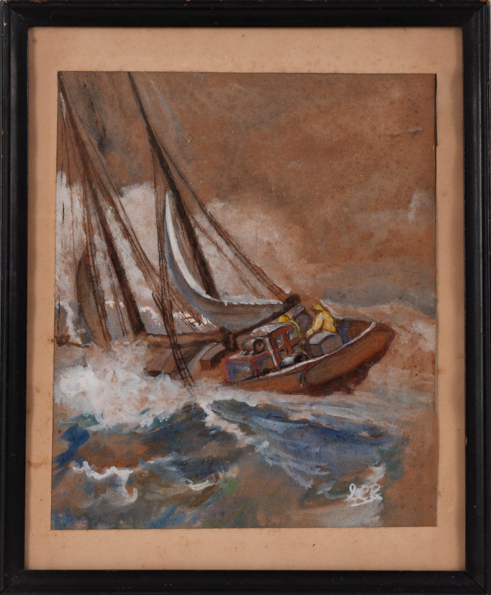 Fishermen in Rough Seas.: Oil on board monogram LR. 11 x 13 inches frame 14 x 17 inches.