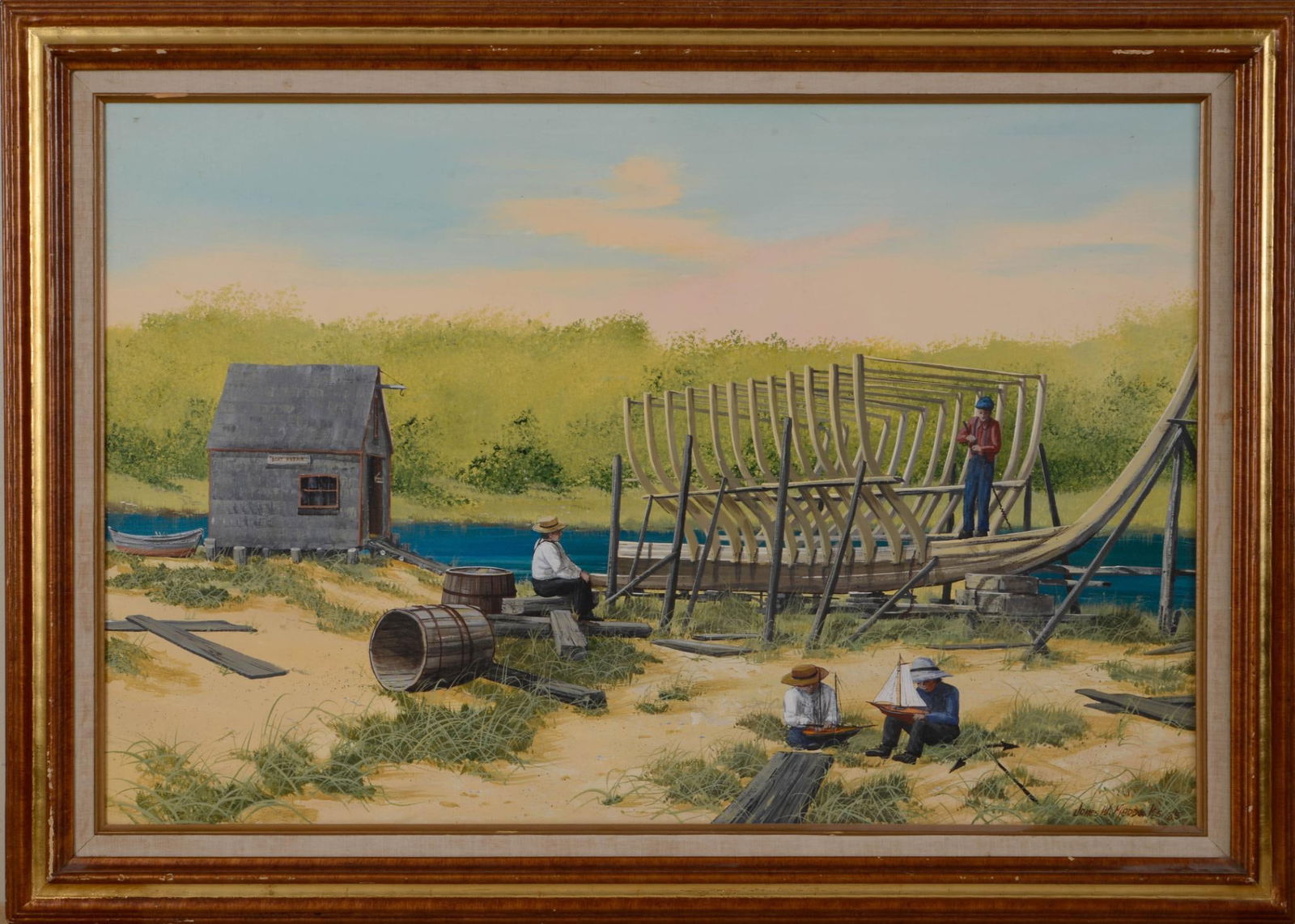 James W. Maddocks (20/21st C Massachusetts) Ship Builder: With children playing with ship models. Signed LR. Dated 1985. 24 x 36 inches frame 30 1/2 x 42 1/2 inches.