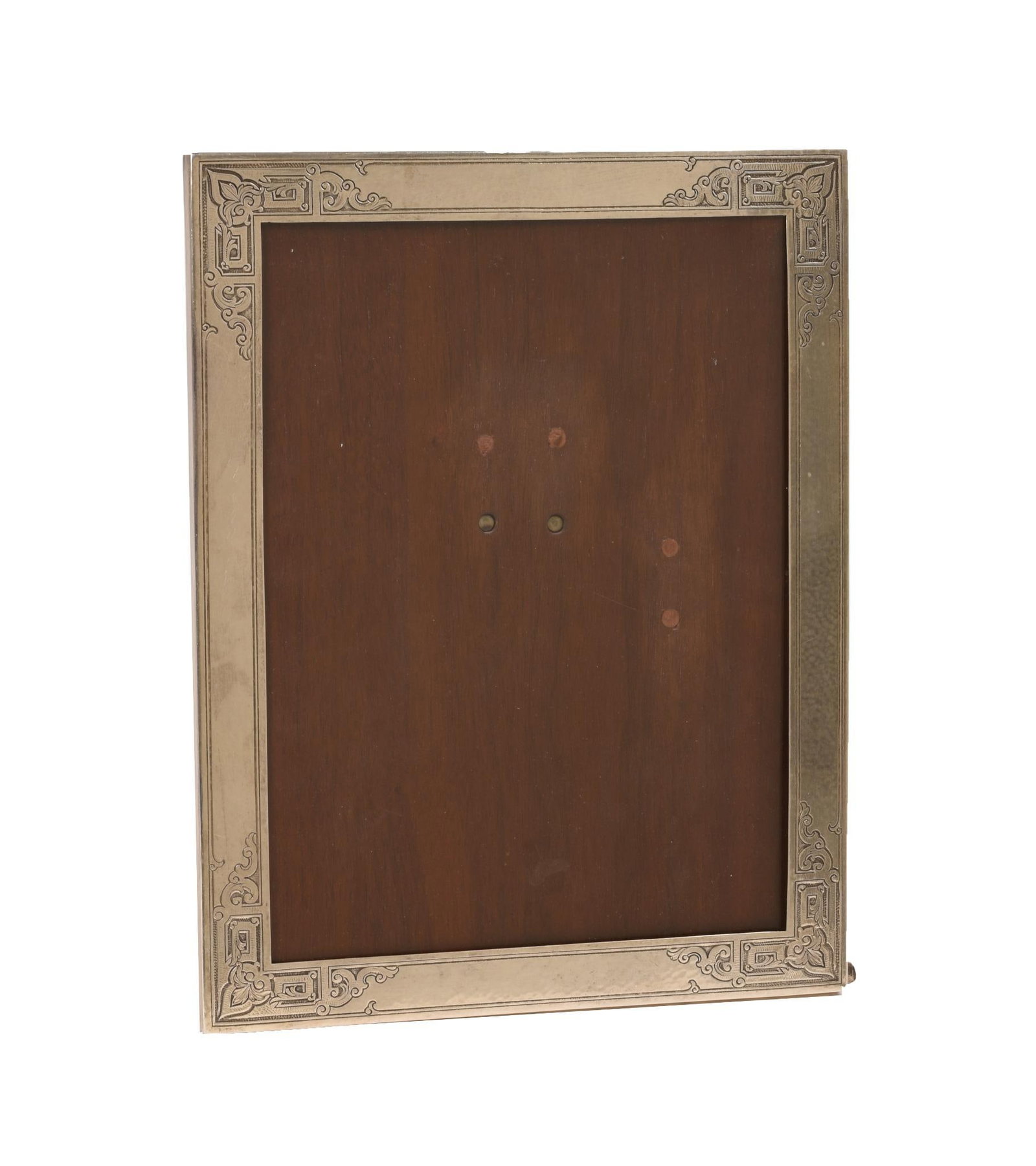 Large Arts and Crafts Hammered Sterling Frame: Engraved decoration at corners hand hammered surface Lebkuecher & Co. Newark N. J. 1896-1909 marked on bottom with Lebkuecher company mark sterling 2767 and HCF silver frame alone weighs 6.5 ozt. 