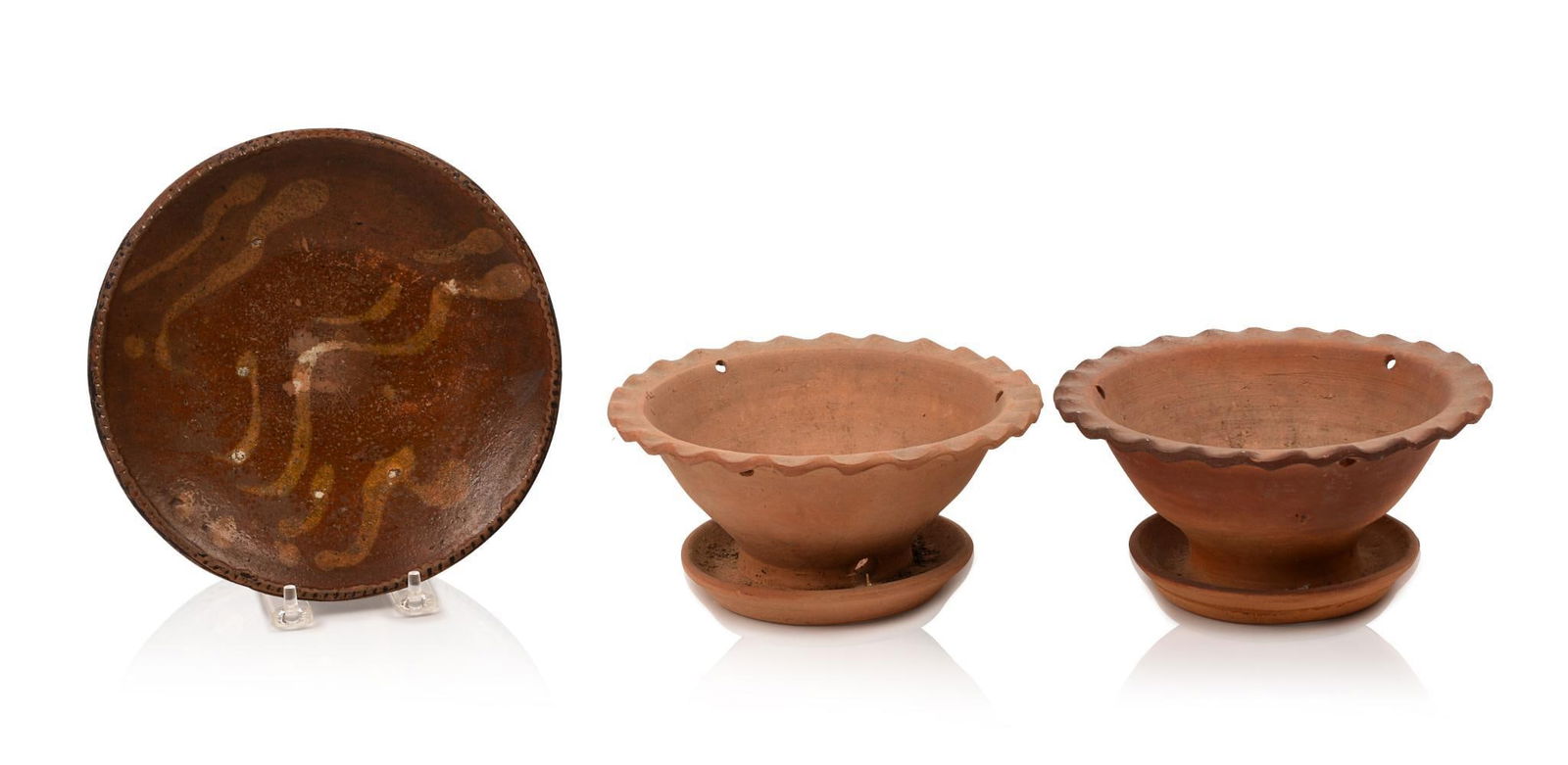 Redware Dish and Two Flowerpots. (1 of 3)