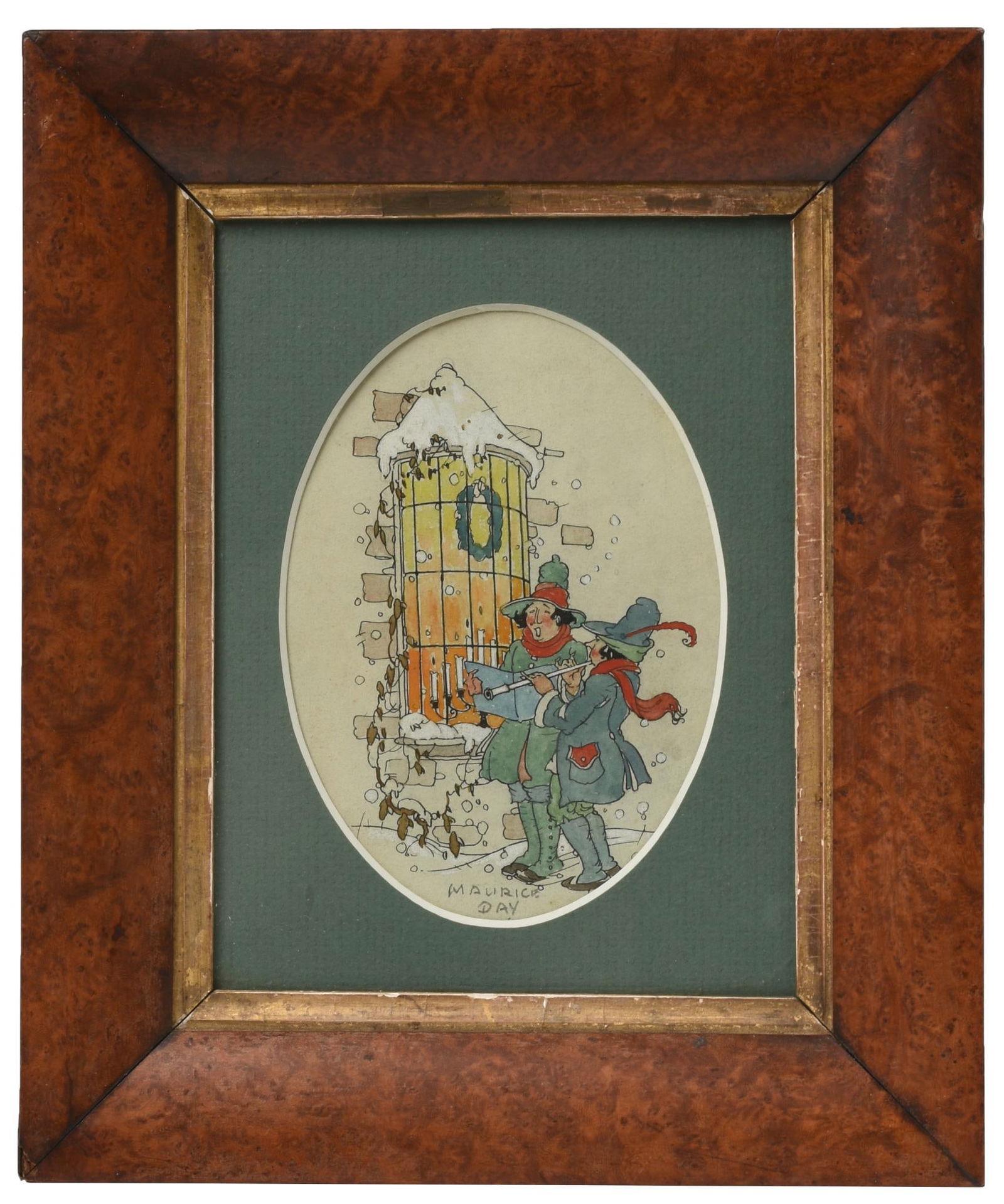 Maurice Day Christmas Revelers Gouache on Paper: Signed lower center image 5 x 3.75 inches birdseye maple frame 9.75 x 8 inches.