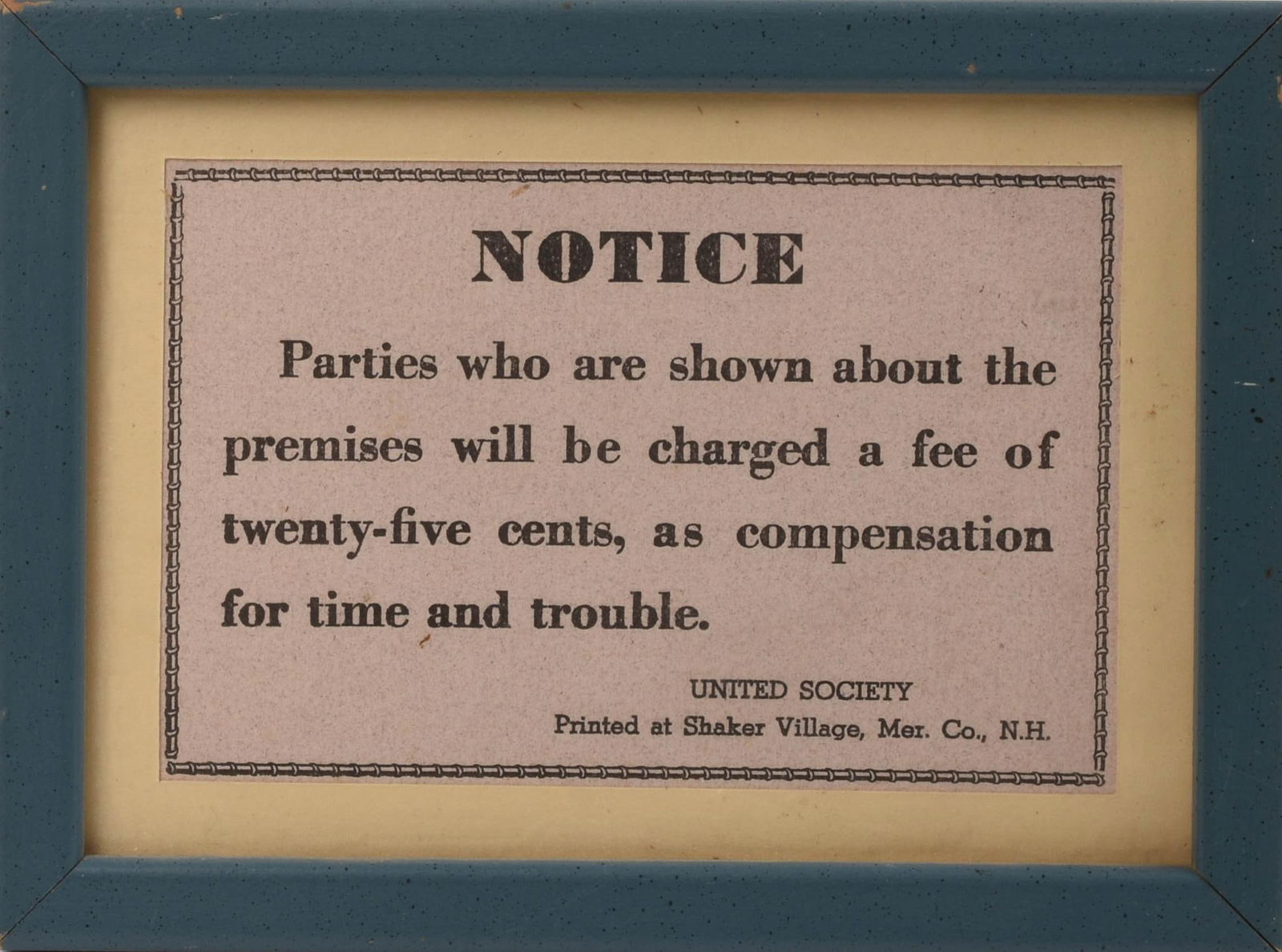 NH Shaker Village Notice. (1 of 2)