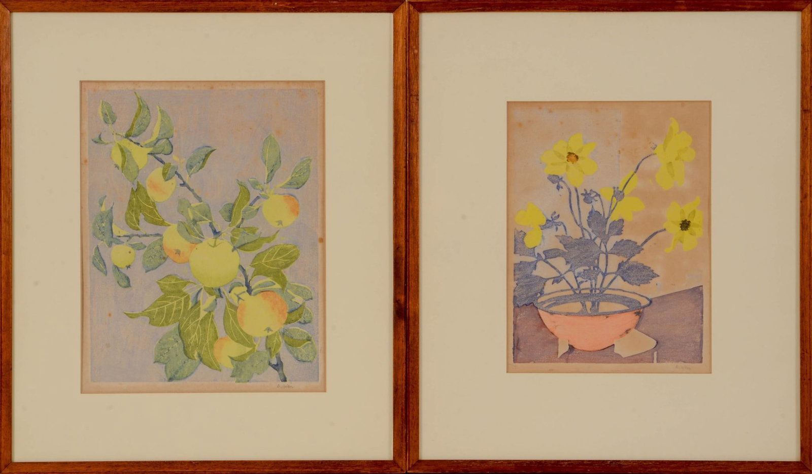 Dorothy Weir. Two Floral Woodblock Prints.: Each image 9.25 x 7 inches pencil signed. Framed with original gallery label 17 x 15 inches.