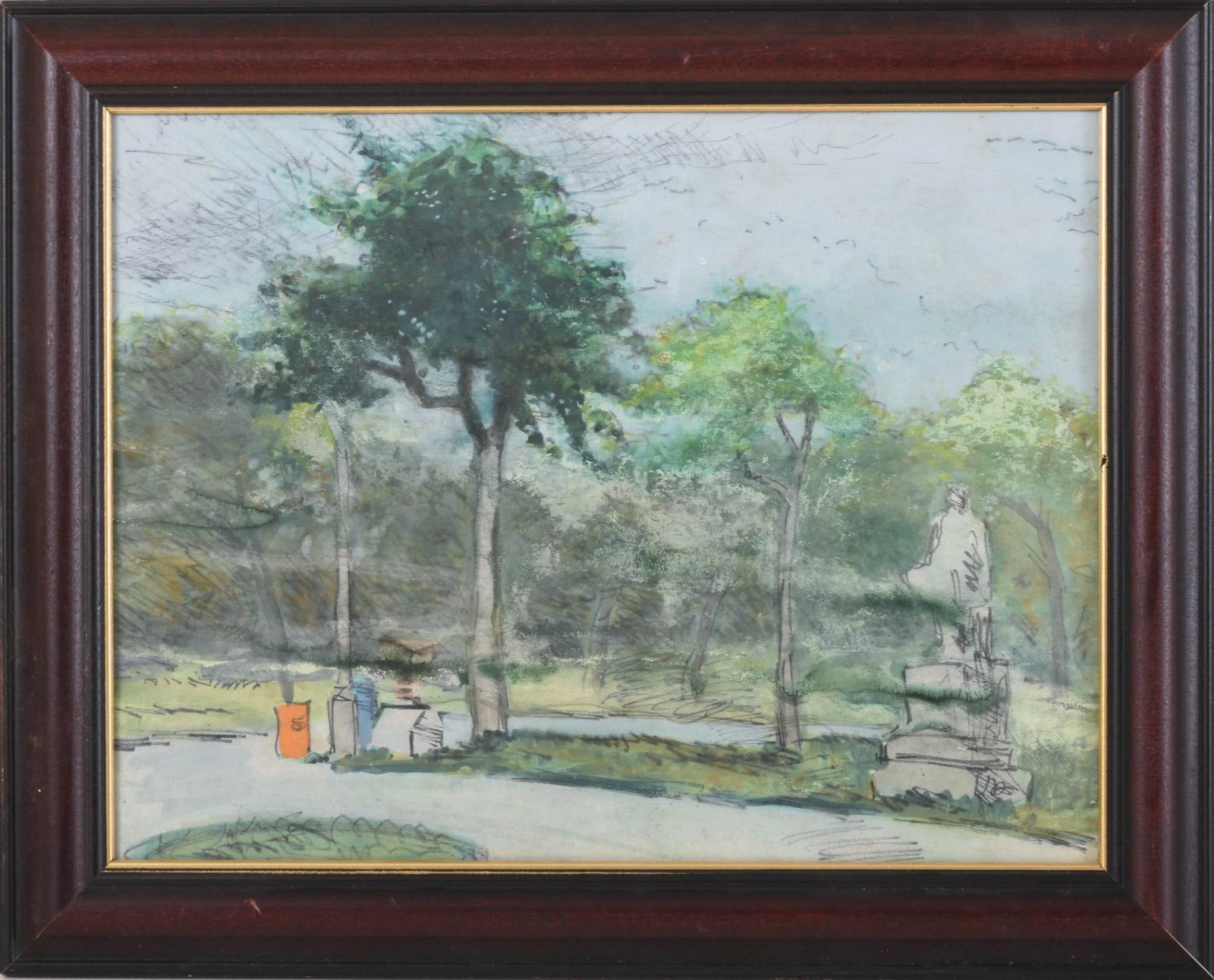 Watercolor and Pencil Painting.: American School. Water damage frame 12.5 x 15.5 inches.
