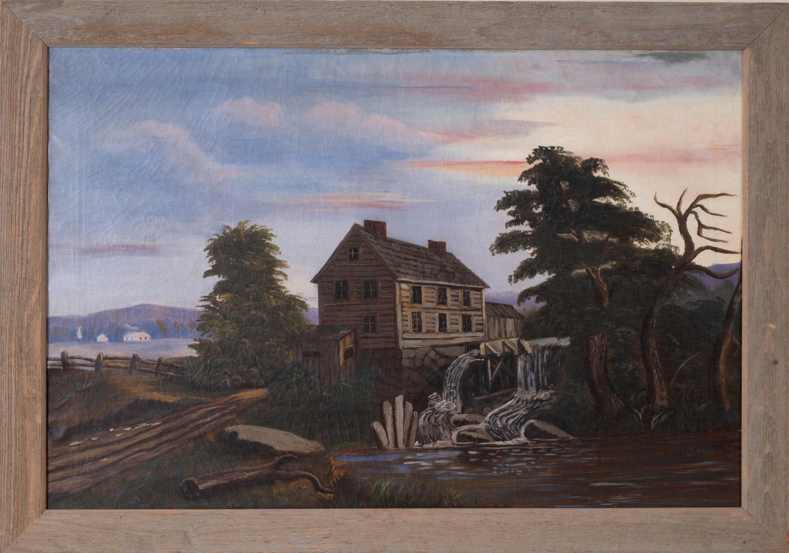 19th Century Landscape: Having lake with distant village and mountains building with Water Wheel. Oil on canvas 24 x 36 inches frame 28 x 40 inches.