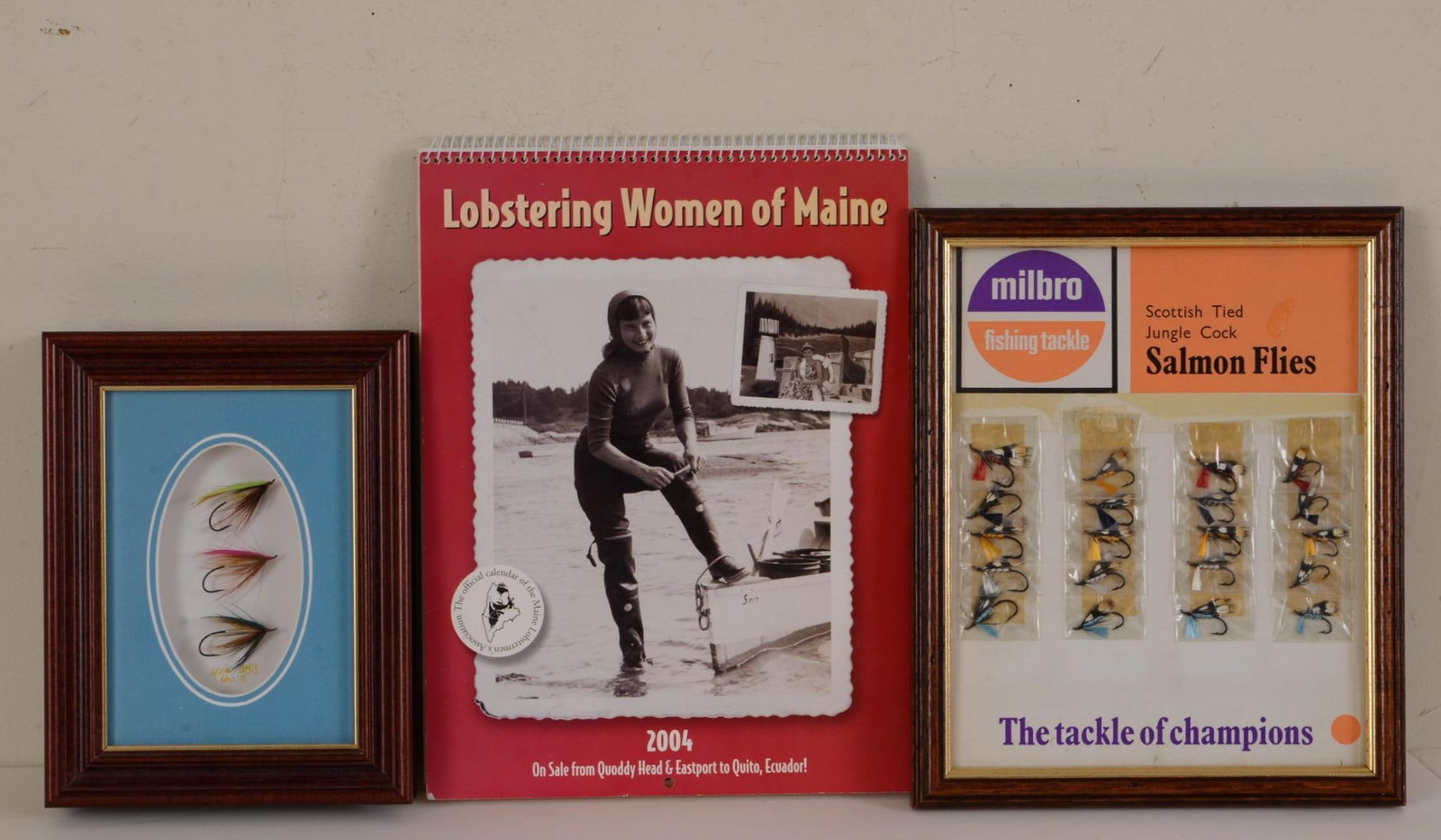 Three Framed Fly Fishing Flys  And Milbro Fishing Tackle Ad. (1 of 4)