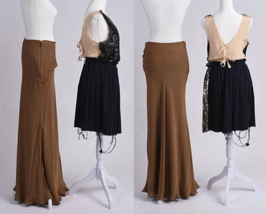 Vintage and Designer Grouping of Three Dresses and Two Skirts: Phillphim sequin, navy and cream, pleated dress, size 4. Bottega Veneta silk blend, cream dress, size 42. Ralph Lauren Purple Label strapless, silk, brown dress, size 6. Ralph Lauren Purple Label stra