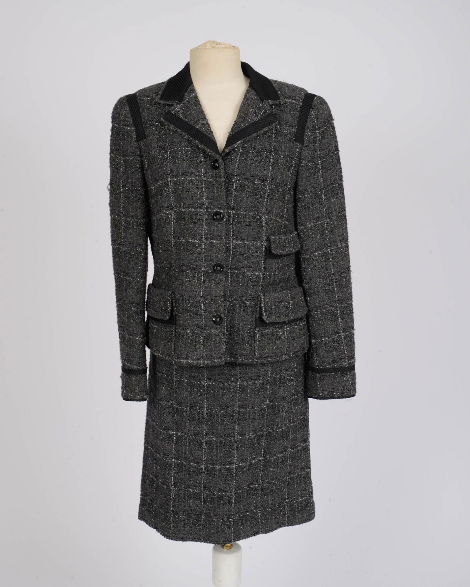 Rena Lange Jacket and Skirt.: Boucle style weave. With metallic grey silk Escada camisole. Jacket and skirt size 10, both wool blend. Camisole size 38. Excellent condition.