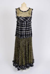 Chanel Tweed and Chantilly Dress.: Size 42, length 54 inches. Some damage to green chantilly under layer at sides of chest, and on skirt and some staining, otherwise good condition. Synthetic materials.