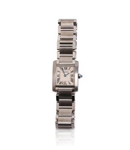 Cartier Tank Stainless Steel Ladies Watch.: Face 1 x .75 inches, blue hands, good working order, may need a cleaning for optimum performance.