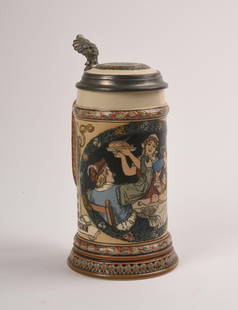 Mettlach Stein With Pub Scene, #2716.: Height 8.5 inches, very good condition.