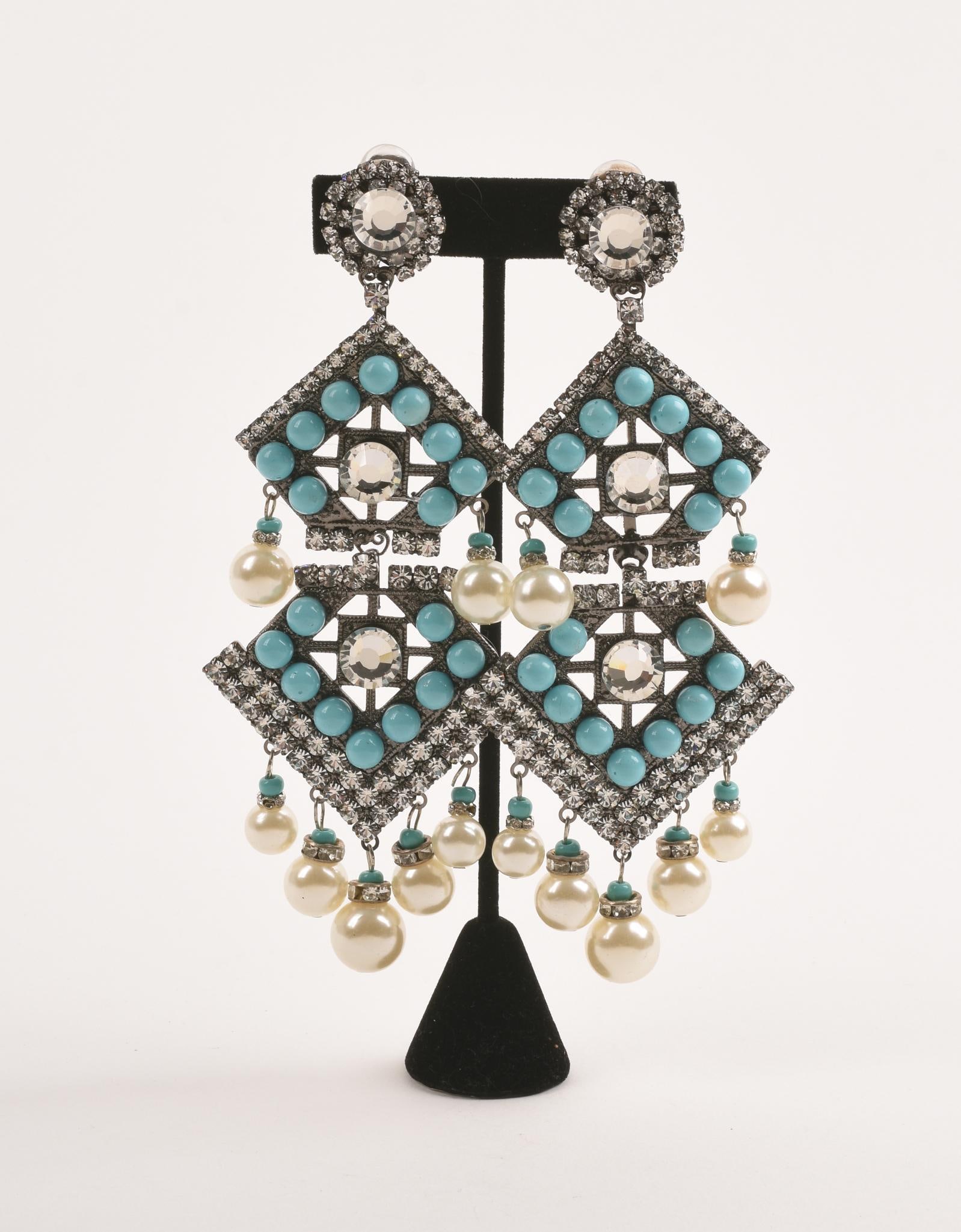Pair of Large Lawrence Vrba Chandelier Earrings.: Two tiers of faux turquoise and diamonds with faux pearl drops. Length 6 inches, clip-on. Excellent condition.