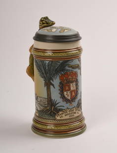 Mettlach Stein With Alligator Handle, #2373: Height 8.75 inches, very good condition, minor wear as expected with age.