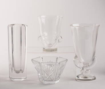 Three Steuben Glass Vases and a Bowl.: Height of vases 5.75 to 8.5 inches, diameter of bowl 5 inches. Overall good condition, very minor surface scratches.