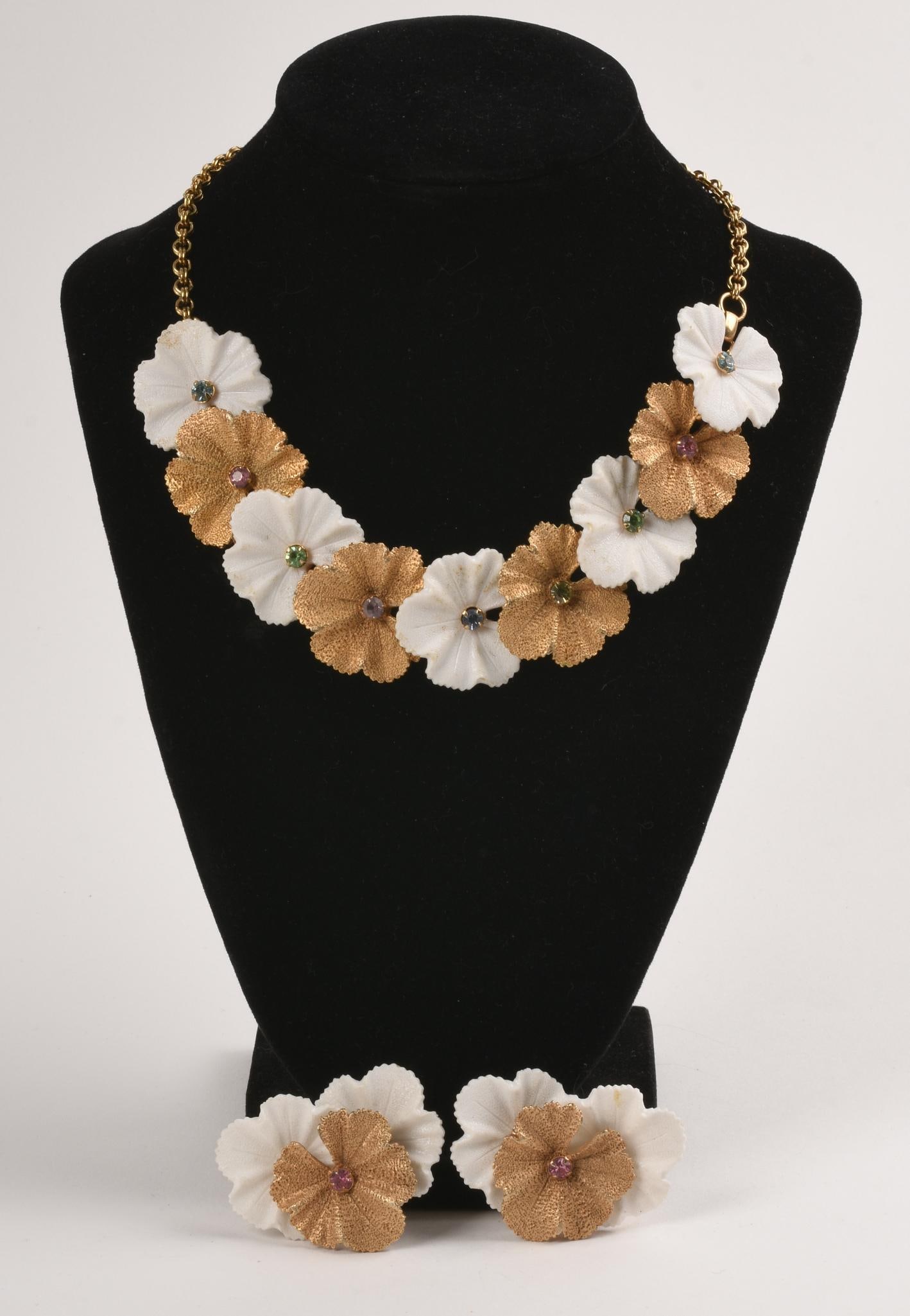 Costume Jewelry Necklace and Earring Set With Pansies.: Length of necklace 14 inches, earrings clip on, 2 x 1.25 inches. Very good condition.