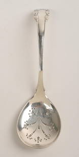 Georg Jensen Sterling Sugar Sifting Spoon: Signed, length 7 inches, 54 grams.