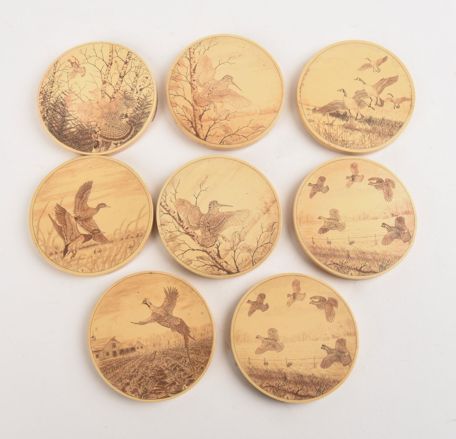 Eight Vintage Barlow Scrimshaw Game Bird Coasters: Diameter 3.125 inches.