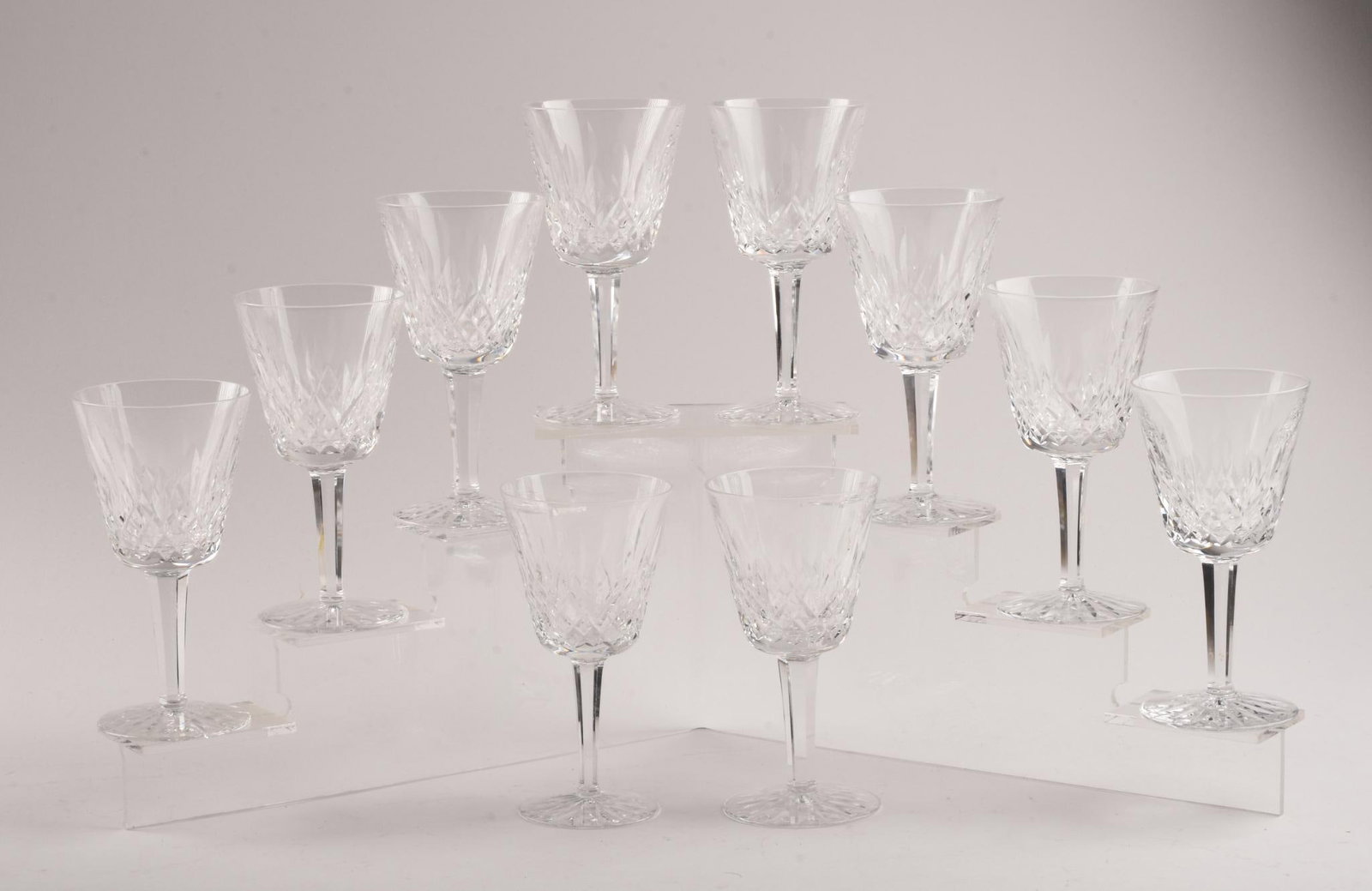 Ten Waterford Crystal Wine Glasses: Signed, height 6 inches.