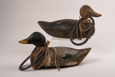 Pair of Antique Painted Working Duck Decoys.: Lengh 15 inches, with glass eyes. Losses and wear associated with use.