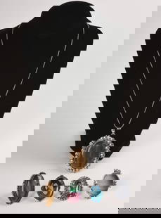 German Sterling Silver Tiger Eye Pendant Necklace and Four Rings.: Pendant 2 x 1.5 inches, rings sizes 7.5, 9, 5 and 8. Stones include Biawa pearl, multy stone and others.